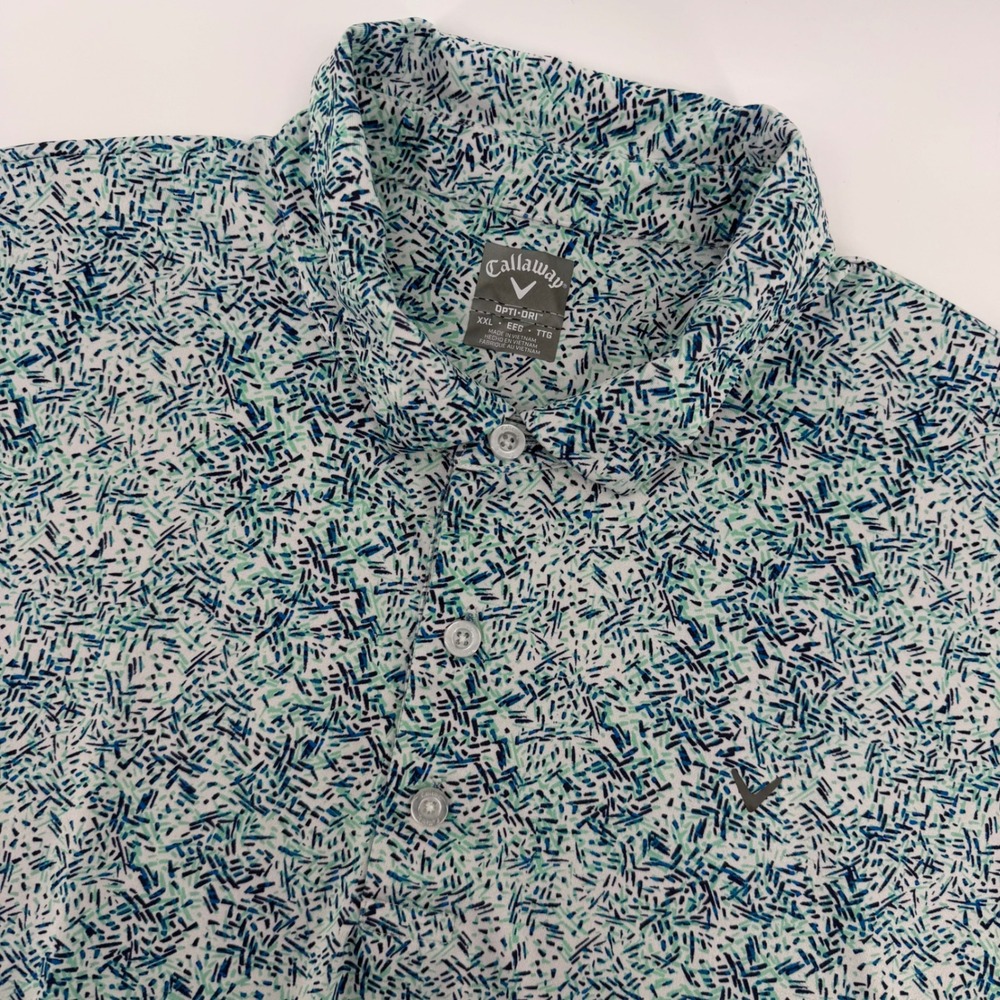 Callaway Polo Shirt Mens XXL White Teal Navy Dash Print Opti-Dri Stretch Polo